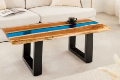 Massiver Couchtisch LIQUID 110cm braun Akazienholz Baumkante schwarz Eisen blau