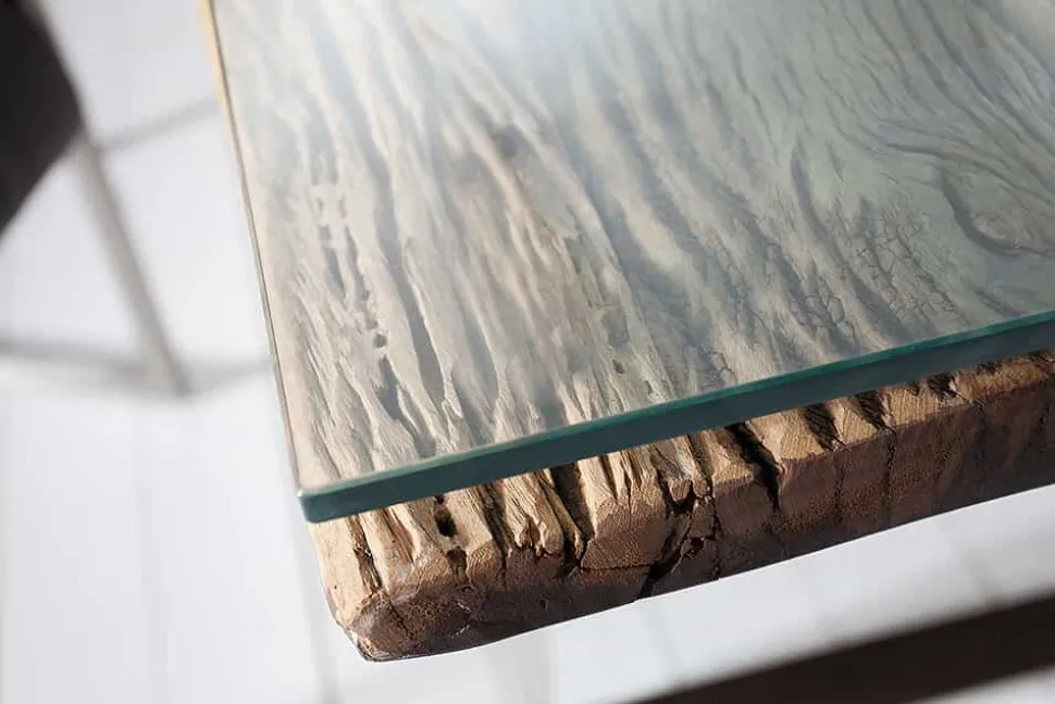 Massiver Esstisch BARRACUDA 200cm antik Teak Holz mit Stahl Kufenfüßen inkl. Glasplatte