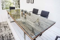 Massiver Esstisch BARRACUDA 200cm antik Teak Holz mit Stahl Kufenfüßen inkl. Glasplatte