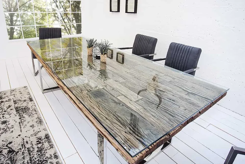 Massiver Esstisch BARRACUDA 200cm antik Teak Holz mit Stahl Kufenfüßen inkl. Glasplatte