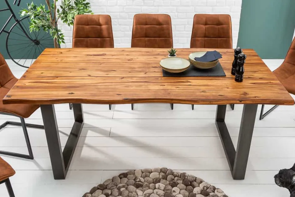Massiver Esstisch GENESIS 200cm braun Akazienholz Baumkante Eisengestell Industrial