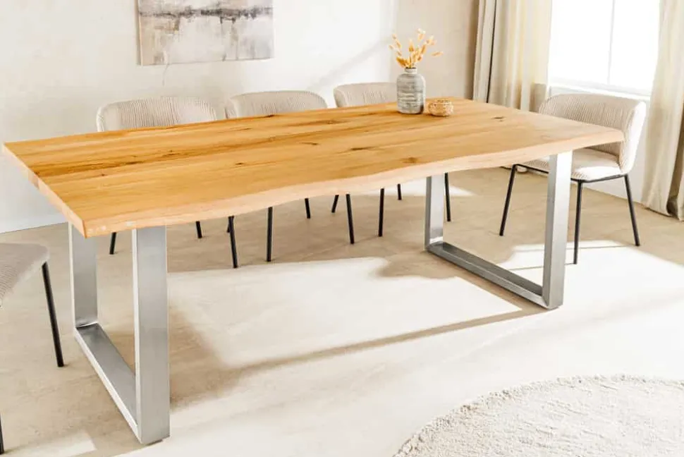 Massiver Esstisch WILD OAK 200cm natur silber Wildeiche Baumkante Edelstahl U-Gestell