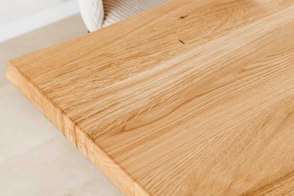 Massiver Esstisch WILD OAK 160cm natur silber Wildeiche Baumkante Edelstahl U-Gestell