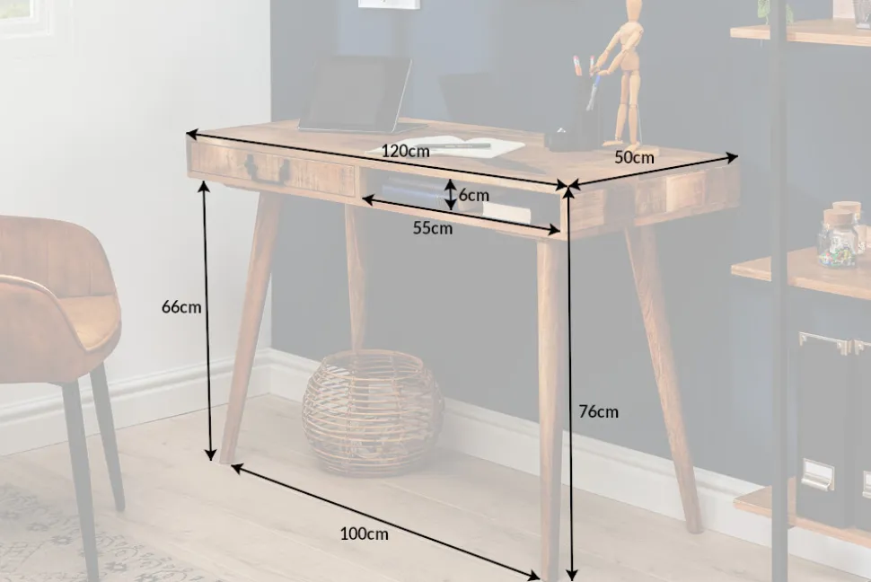 Massiver Schreibtisch RETRO 120cm Mangoholz Bürotisch mit Schublade