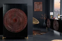 Massiver XXL Barschrank MANDALA 140cm Mangoholz schwarz gold Metallgestell Schnitzerei