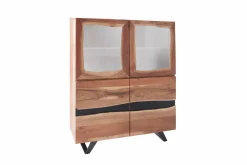 Massives Highboard AMAZONAS 140cm Akazie Metall Vitrine Baumkante