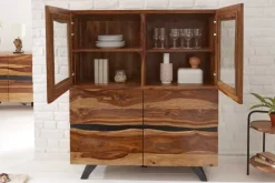 Massives Highboard AMAZONAS 140cm braun Sheeshamholz Vitrine mit Baumkante