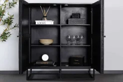Massives Highboard BARRACUDA 120cm grau Mangoholz mit Teakholz-Front schwarz Metall
