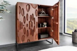 Massives Highboard DUNE 120cm walnuss-braun Akazienholz 3D-Design schwarz Metall