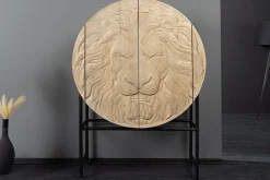 Massives Highboard LION 140cm weiß Mangoholz Metall 3D Schnitzereien Kunstwerk