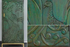 Massives Highboard PEACOCK 170cm grün Mangoholz antik 3D Schnitzerei Pfau-Design