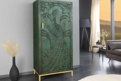 Massives Highboard PEACOCK 170cm grün Mangoholz antik 3D Schnitzerei Pfau-Design