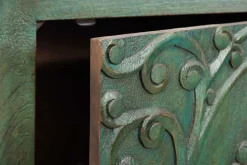 Massives Highboard PEACOCK 170cm grün Mangoholz antik 3D Schnitzerei Pfau-Design