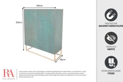 Massives Highboard SCORPION 120cm türkis Mangoholz mit 3D Schnitzereien gold Metall