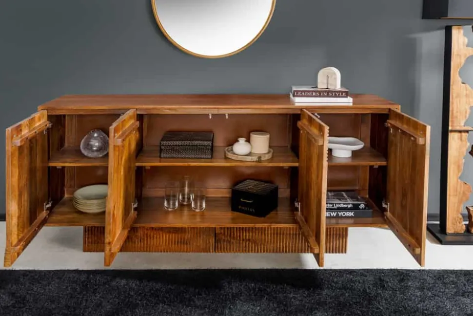 Massives Sideboard ART DECO 170cm braun smoke Mangoholz 3D-Front