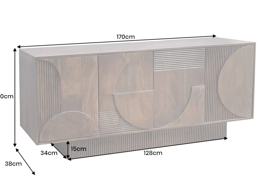 Massives Sideboard ART DECO 170cm braun smoke Mangoholz 3D-Front