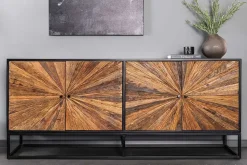 Massives Sideboard BARRACUDA 180cm braun Mangoholz mit Teakholz-Front schwarz Metall