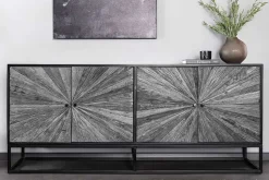 Massives Sideboard BARRACUDA 180cm grau Mangoholz mit Teakholz-Front schwarz Metall