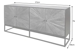 Massives Sideboard BARRACUDA 180cm grau Mangoholz mit Teakholz-Front schwarz Metall
