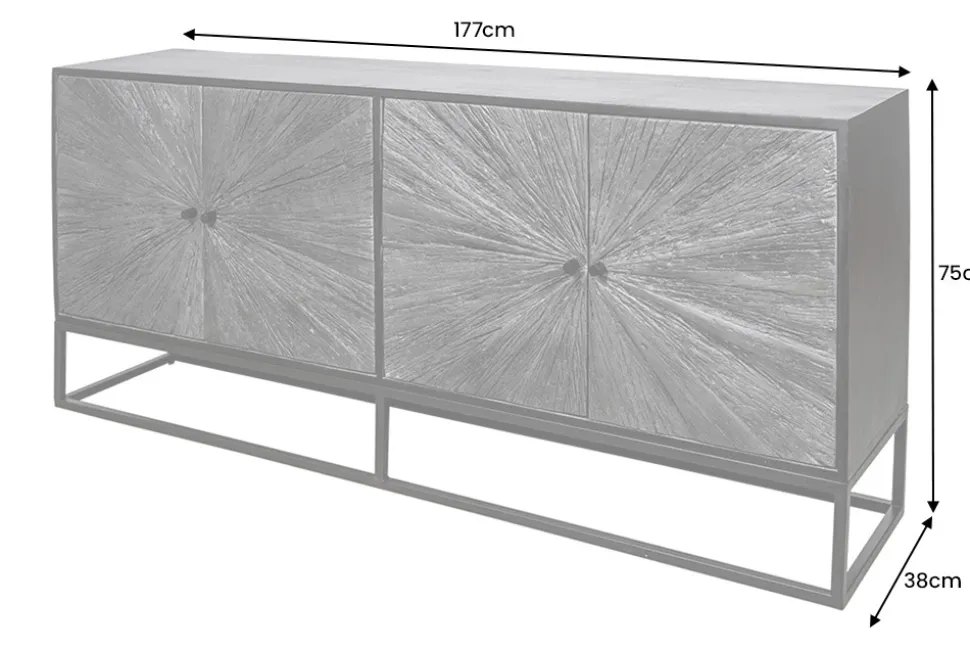 Massives Sideboard BARRACUDA 180cm grau Mangoholz mit Teakholz-Front schwarz Metall