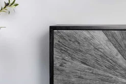 Massives Sideboard BARRACUDA 180cm grau Mangoholz mit Teakholz-Front schwarz Metall