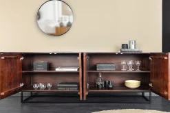 Massives Sideboard DUNE 175cm walnuss-braun Akazienholz 3D-Design schwarz Metall