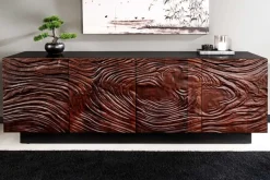 Massives Sideboard FLUID 175cm walnuss-braun Akazienholz 3D-Design schwarzer Sockelfuß