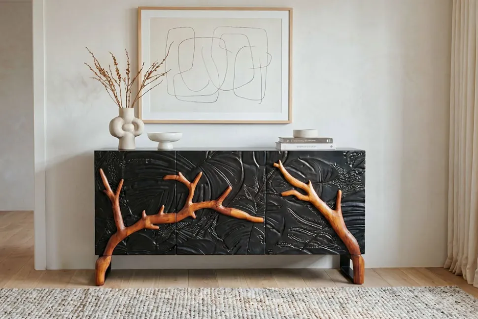 Massives Sideboard FOREST 160cm schwarz braun Mangoholz sechs Fächer 3D-Front