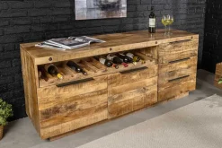 Massives Sideboard IRON CRAFT 175cm natur Mangoholz mit Schubladen Weinregal