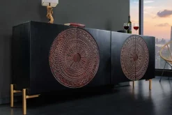 Massives Sideboard MANDALA 160cm Mangoholz schwarz mit 3D Schnitzereien goldene Füße