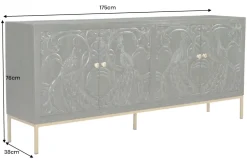 Massives Sideboard PEACOCK 175cm grün Mangoholz antik 3D Schnitzerei Pfau-Design