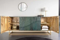 Massives Sideboard SCORPION 180cm türkis Mangoholz gold Metall 3D Schnitzereien