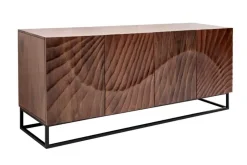 Massives Sideboard SCORPION 180cm dunkelbraun Akazie mit 3D Schnitzereien schwarz Metall