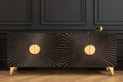 Massives Sideboard SOLARIS 180cm schwarz gold Mangoholz 3D-Design