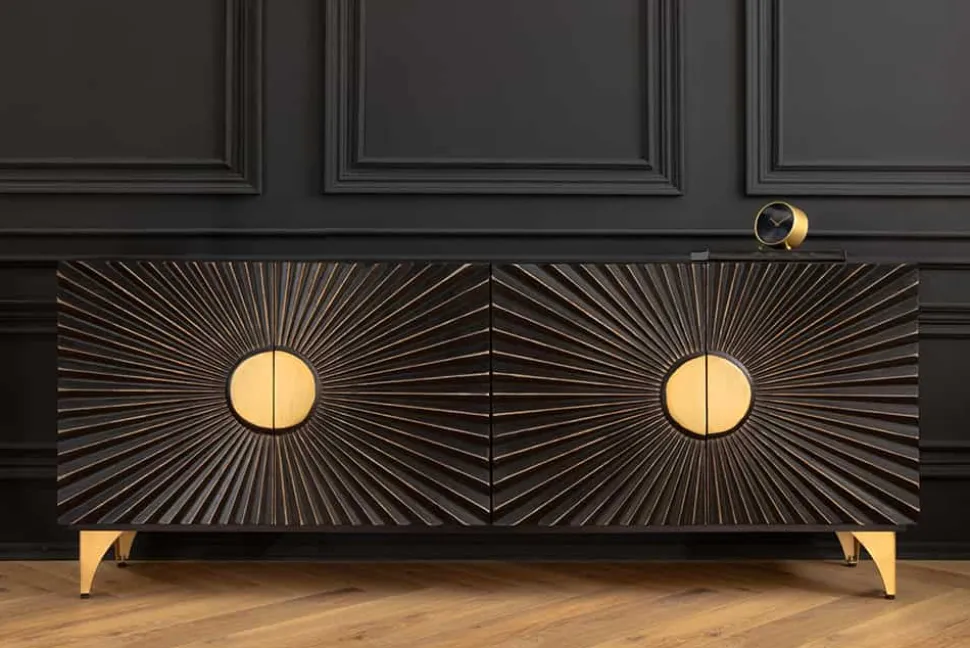 Massives Sideboard SOLARIS 180cm schwarz gold Mangoholz 3D-Design