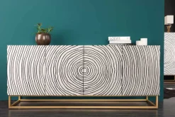 Massives Sideboard ZEN CIRCLES 180cm weiß schwarz gold Mangoholz 3D-Design