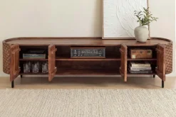 Massives TV-Board ADLON 200cm braun Mangoholz schwarz Metall Lowboard mit 3D- Front