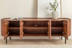 Massives TV-Board ADLON 160cm braun Mangoholz schwarz Metall Lowboard mit 3D- Front