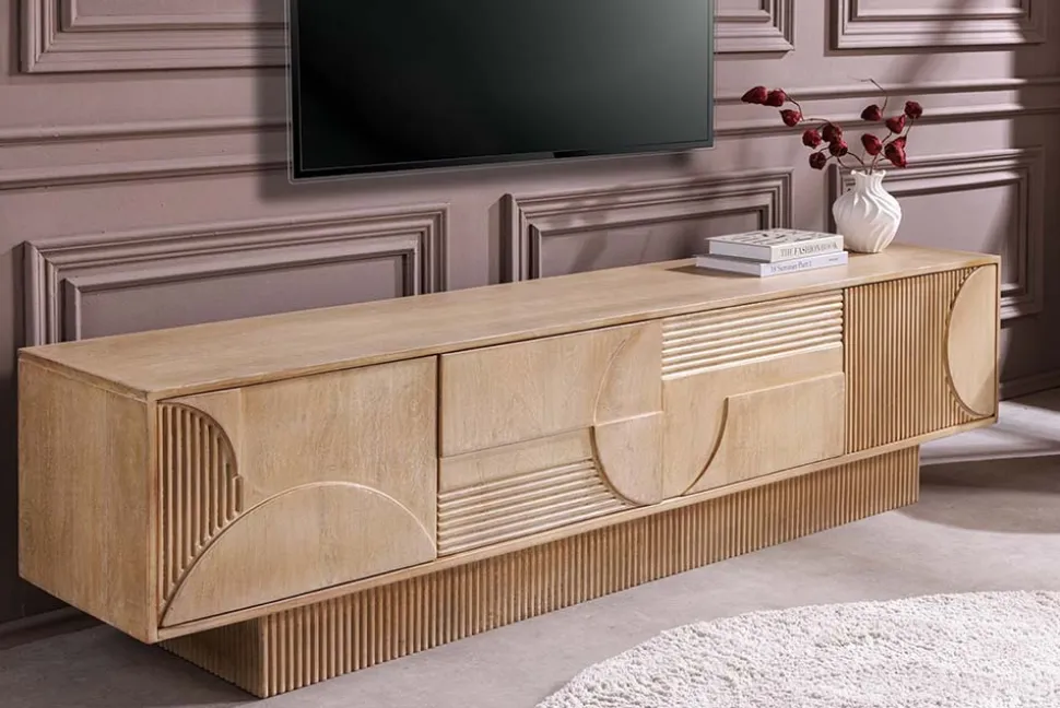 Massives TV-Board ART DECO 200cm weiß gekälkt Mangoholz 3D-Front handmade Lowboard