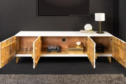 Massives TV-Lowboard GOLDEN SUNSET 180cm weiß gold Mangoholz 3D Schnitzereien Metallfüße