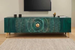 Massives TV-Lowboard GOLDEN SUNSET 180cm türkis 3D-Schnitzereien gold Mangoholz Metall