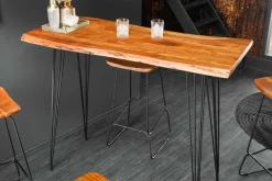 Massivholz Bartisch MAMMUT 140cm natur Akazie Baumkante Metall schwarz Hairpin Legs