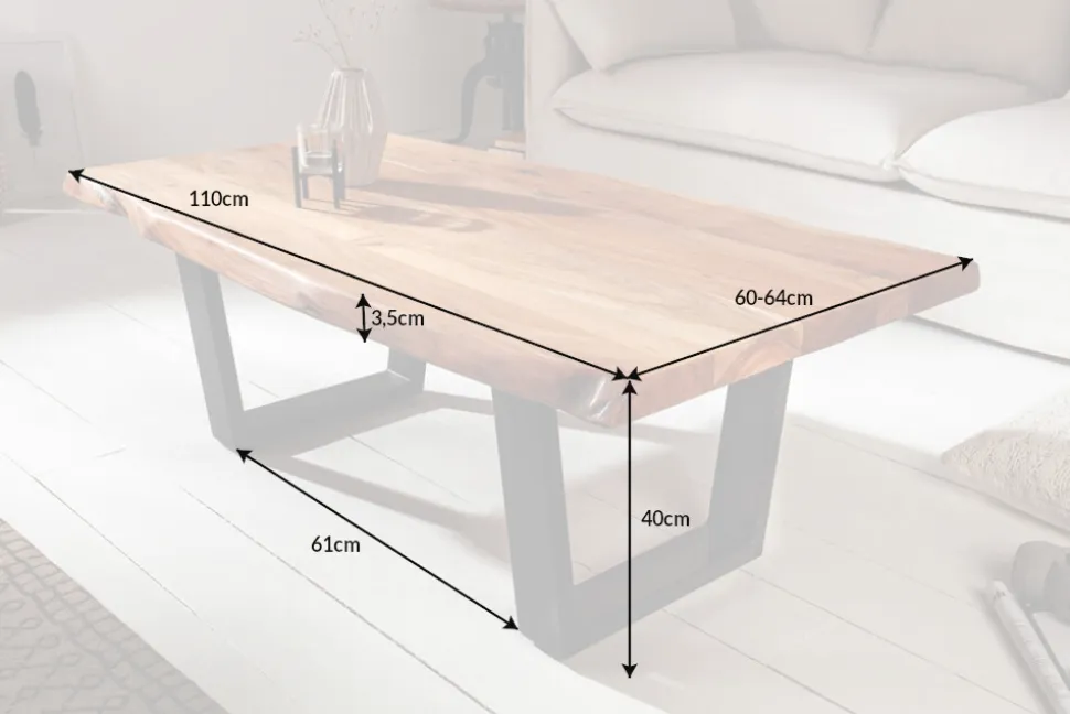 Massivholz Baumstamm Couchtisch MAMMUT 110cm Akazie schwarzes Metallgestell 3,5cm Tischplatte