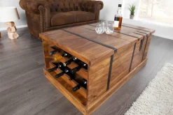 Massivholz Couchtisch BODEGA 100cm braun Sheesham stone finish Truhe Stauraum Weinregal