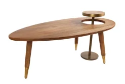 Massivholz Couchtisch GATSBY 110cm braun gold Mango oval rund Beistelltisch 2er Set Retro Design