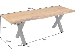 Massivholz Esstisch MAMMUT 300cm Akazie X-Gestell schwarz Metall Baumkante 6cm Tischplatte