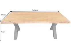 Massivholz Esstisch MAMMUT 200cm Akazie X-Gestell schwarz Metall Baumkante 5cm Tischplatte
