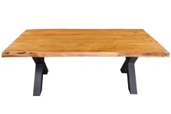 Massivholz Esstisch MAMMUT 200cm Akazie X-Gestell schwarz Metall Baumkante 5cm Tischplatte