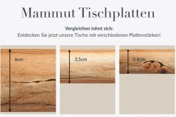 Massivholz Esstisch MAMMUT NATURE 240cm Akazie Baumkante 6cm Tischplatte Edelstahlbeine