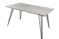 Massivholz Esstisch SCORPION 140cm grau Akazie Baumkante schwarze Metallbeine Hairpin Legs